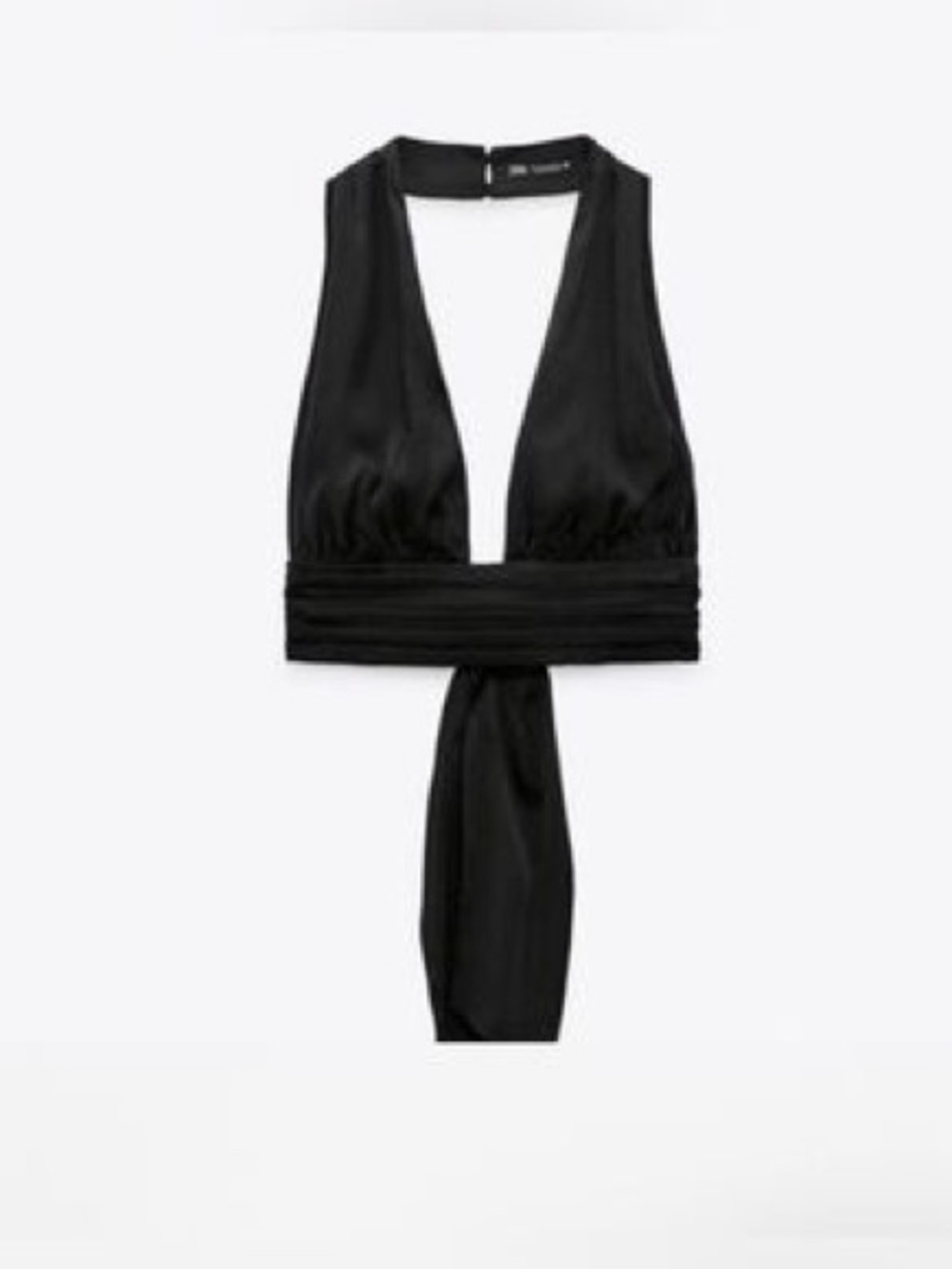 ZARA Black Satin V Neck, Pleated Hem Cropped Halter Top XS